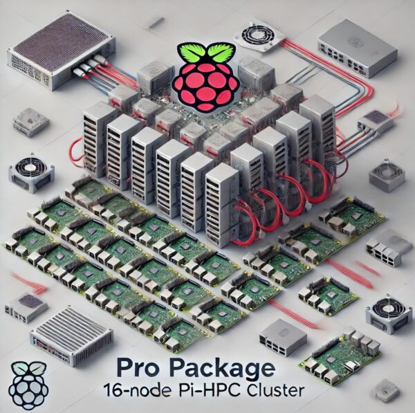 Pro Package (16-Node Pi-HPC Cluster) showcasing 16 Raspberry Pi 5 Model B devices connected via a gigabit Ethernet switch, featuring centralized power supply and efficient cooling system for advanced high-performance computing.