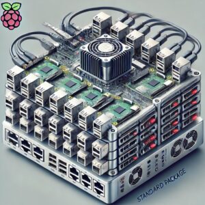 Standard Package (8-Node Pi-HPC Cluster) with 8 Raspberry Pi 5 Model B devices connected via a gigabit Ethernet switch, featuring centralized power supply and efficient cooling system for scalable high-performance computing.